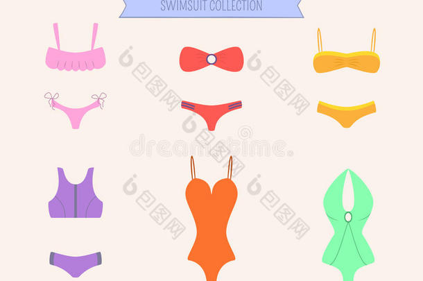 女人富有色彩的游泳衣放置.比基尼式游泳衣和单比基尼式女式游泳衣收集.