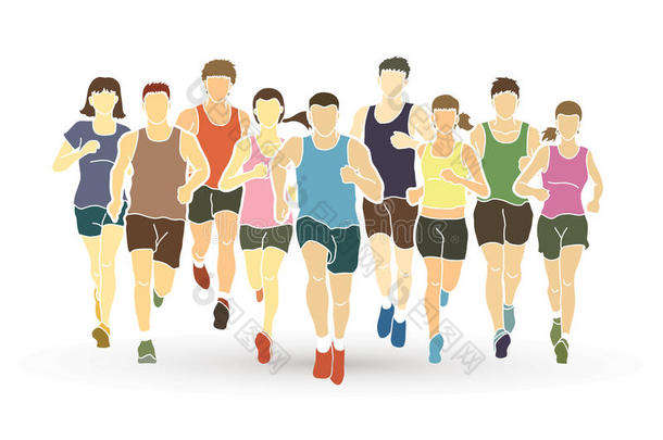 马拉松赛跑跑步的人,组关于人跑步,人和女人跑步