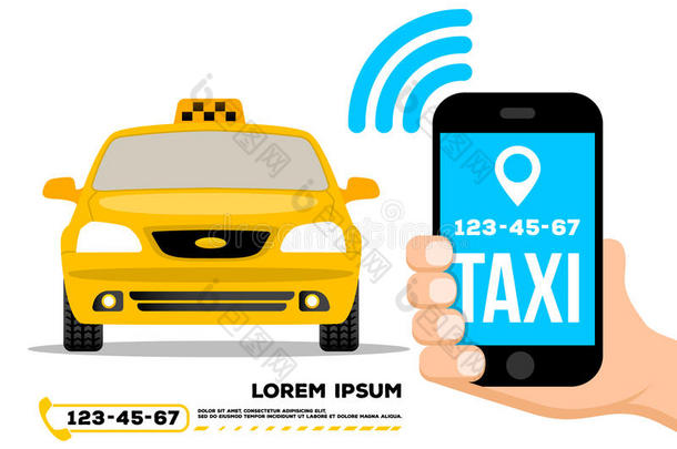 出租车汽车,手和电话.出租车服务横幅海报样板