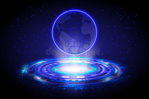蓝色科技全息图世界地图圆,全息图抽象的用绳子拖的平底渡船