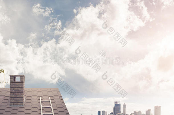 砖房屋屋顶和现代的城市风光照片在背景