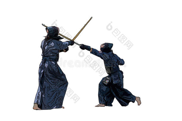 日本人剑道战士和竹子剑,白色的背景