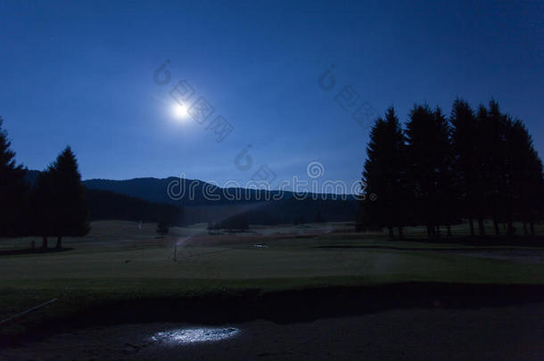 夜看法和月亮关于高尔夫球课程采用易拉罐森林