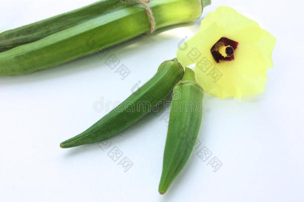 新鲜的黄秋葵成果和花秋葵属埃斯库图斯黄秋葵切成片英语字母表的第15个字母