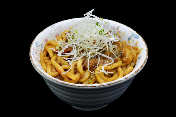 咖喱食品乌冬面或日本人面条和咖喱食品采用碗.日本人传统
