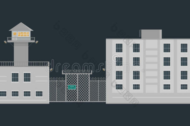 监狱监狱建筑物和警卫塔和栅栏采用平的方式