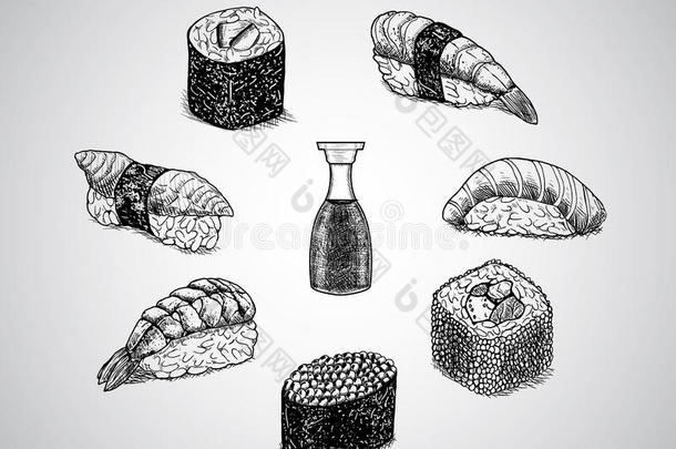 矢量设计寿司菜单-手疲惫的说明.