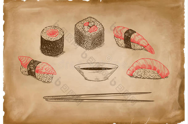 调味汁和红色的寿司向农庄老的纸.
