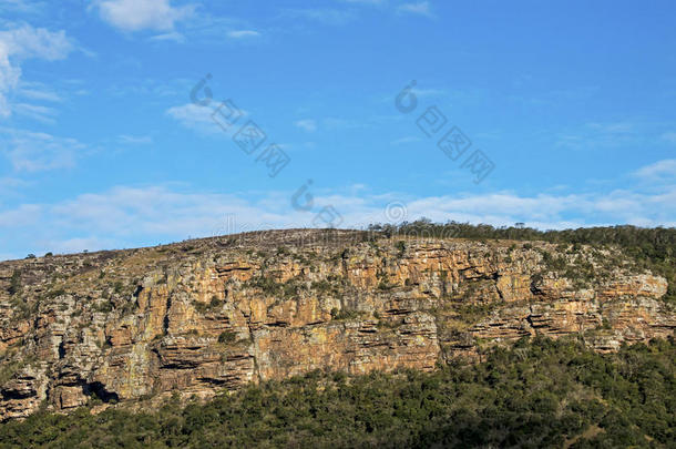 绿色的树多岩石的悬崖反对蓝色多云的天风景