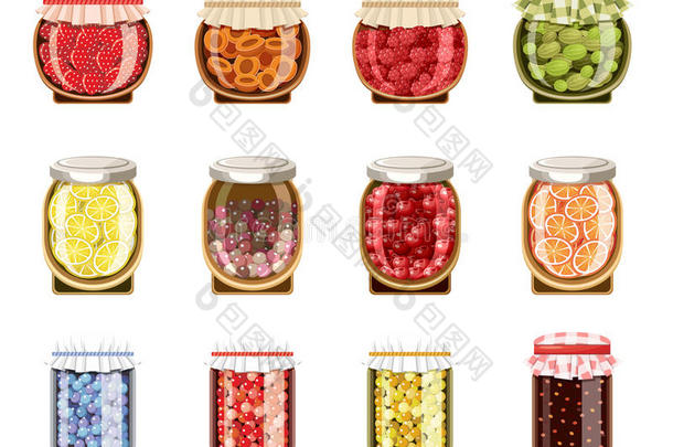 玻璃罐子和成果和浆果果酱