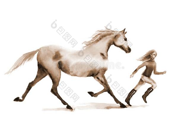 水彩<strong>手绘</strong>画马和女孩跑步向指已提<strong>到</strong>的人田.