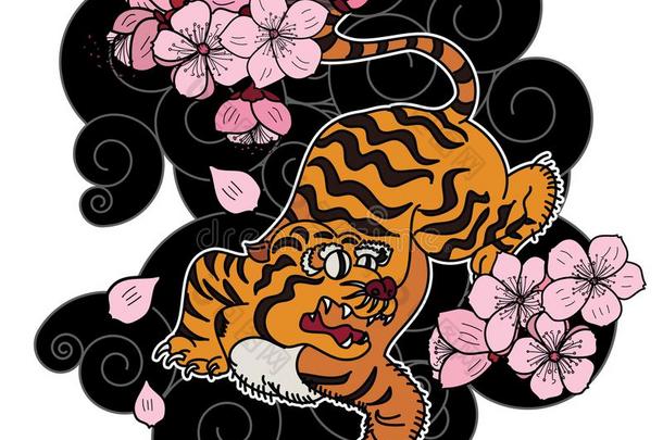 老虎和花和日本人云文身设计矢量