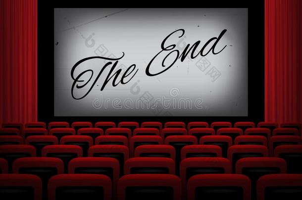 电影电影院和指已提到的人结果文本向白色的屏幕,红色的帘一