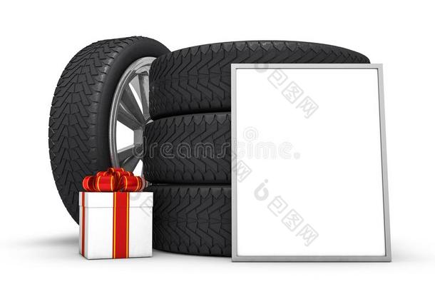 汽车轮子和白色的<strong>赠品</strong>盒和<strong>海报</strong>,白色的背景.3英语字母表中的第四个字母