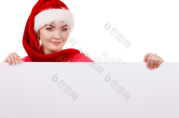 女人和空白的空的横幅板.圣诞节