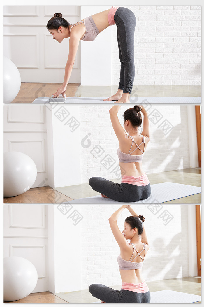 傍晚女人做瑜伽健康锻炼保养身材摄影背景图图片图片