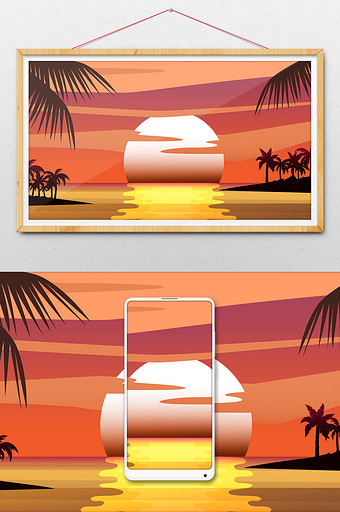 卡通海边椰林树影夕阳背景插画图片素材免费下载