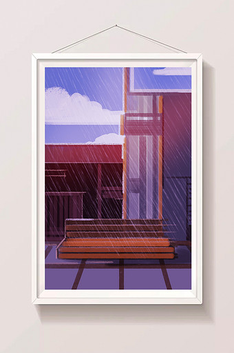紫色手绘漫画下雨城市图片素材免费下载