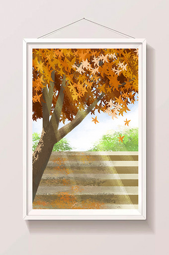 秋天阳光下的枫树手绘插画背景PSD340*512PX图片素材