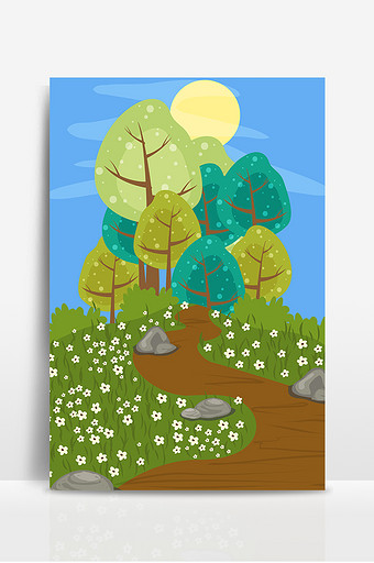 手绘卡通森林小路绿色海报背景图片素材免费下载