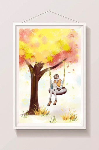 唯美男孩树下看书的秋分节气插画PSD340*512PX图片素材