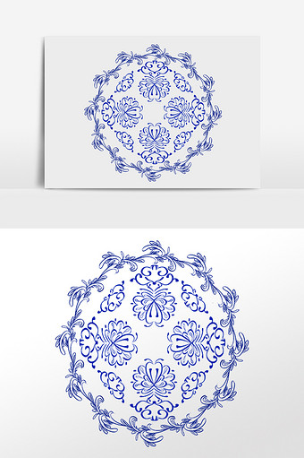 手绘蓝色青花瓷器装饰花纹插画图片素材免费下载