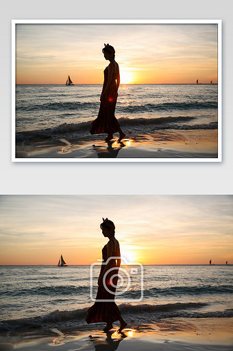 海边日落美女剪影图片素材免费下载