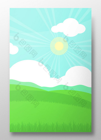 扁平卡通蓝天白云草地太阳背景素材图片