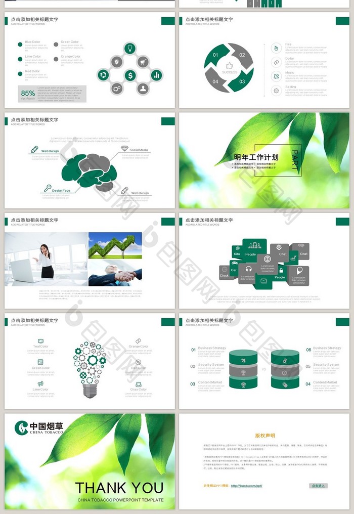 绿色创意中国烟草 工作总结计划PPT模板