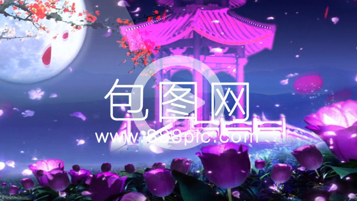 高清古典中国风凉亭明月花瓣飞舞视频素材