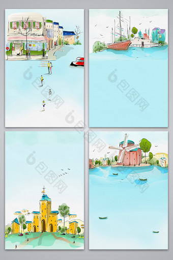 手绘夏季城市水彩插画背景图片