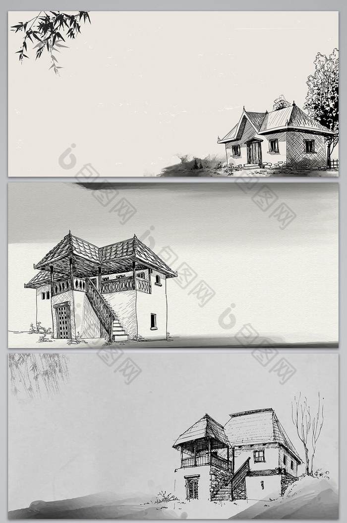 矢量水墨线描中国风建筑背景