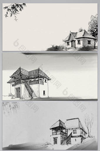 矢量水墨线描中国风建筑背景图片