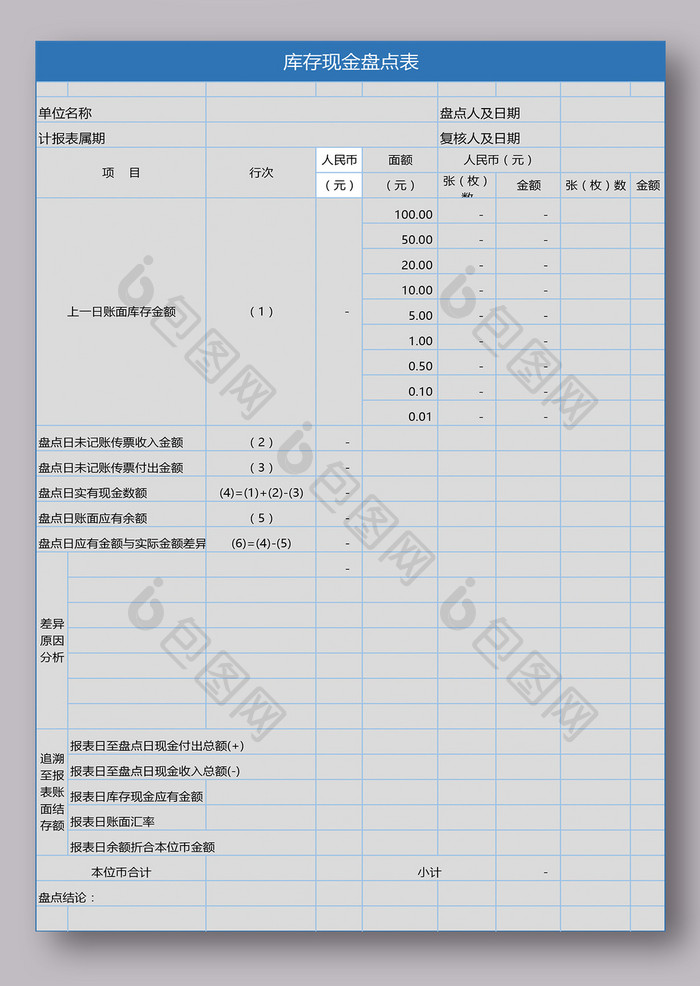 库存现金盘点表excel模板