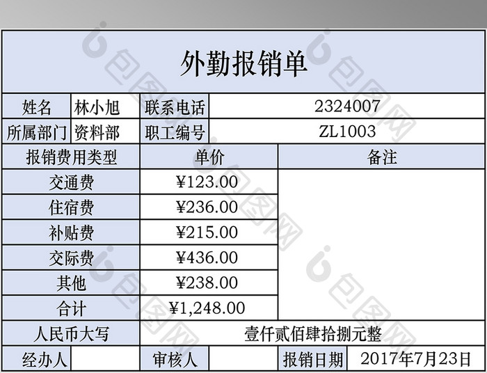 外勤费用报销单据