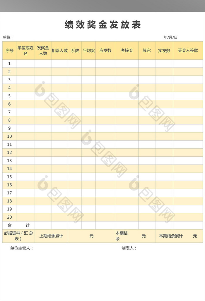 绩效奖金发放表Excel表