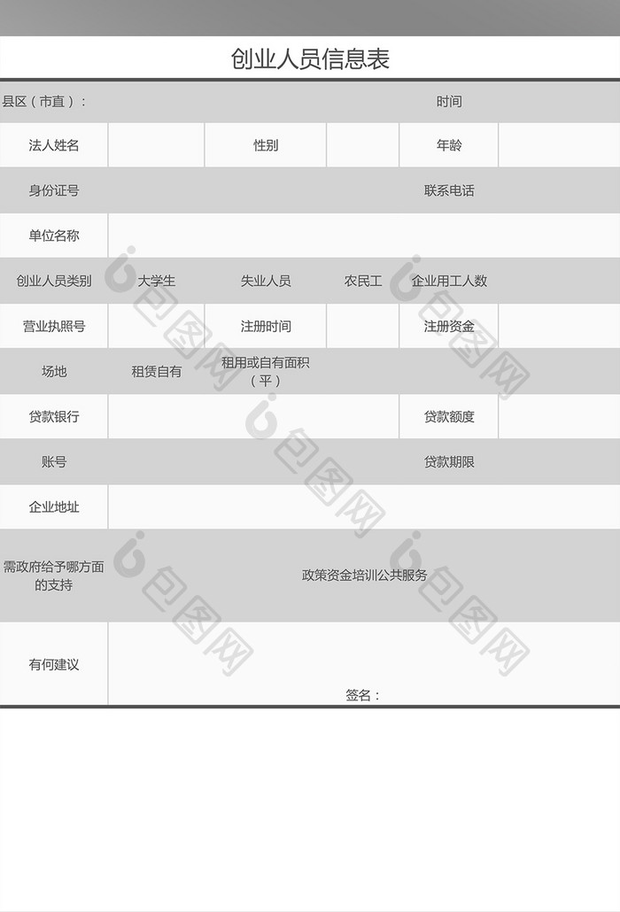 创业人员信息表Excel表