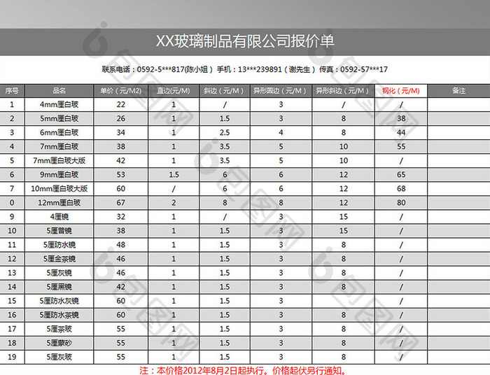 玻璃制品公司报价单