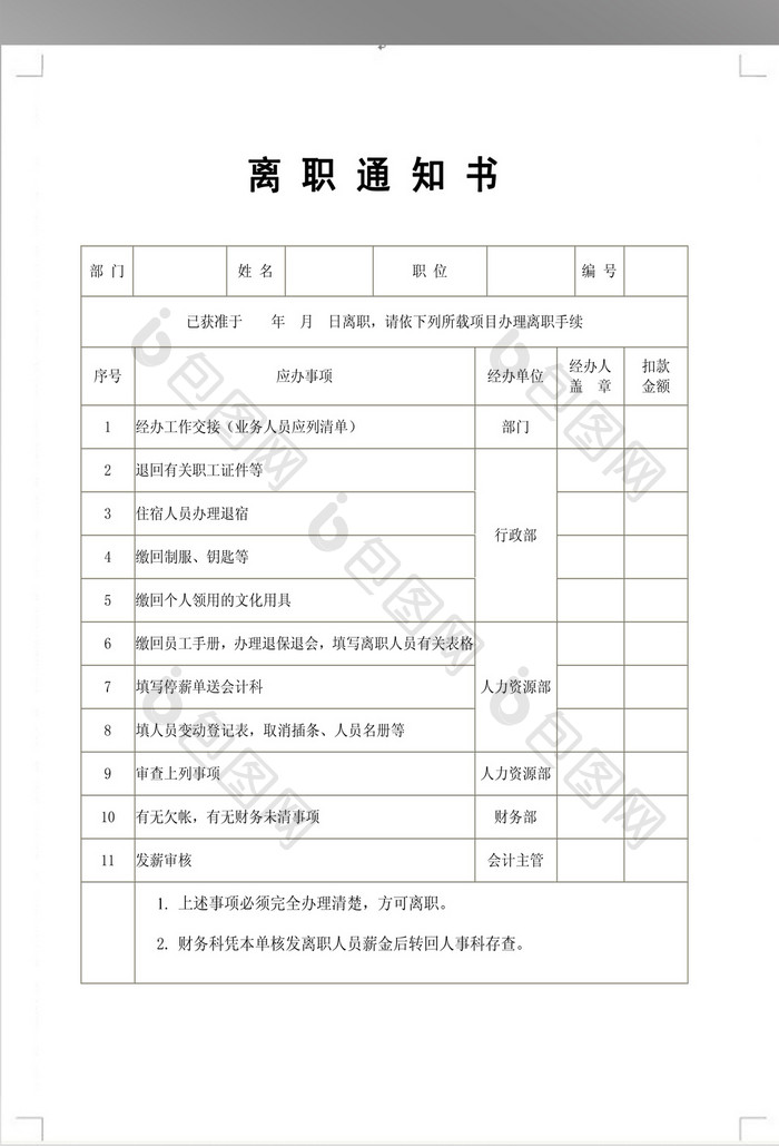 公司离职通知书模板