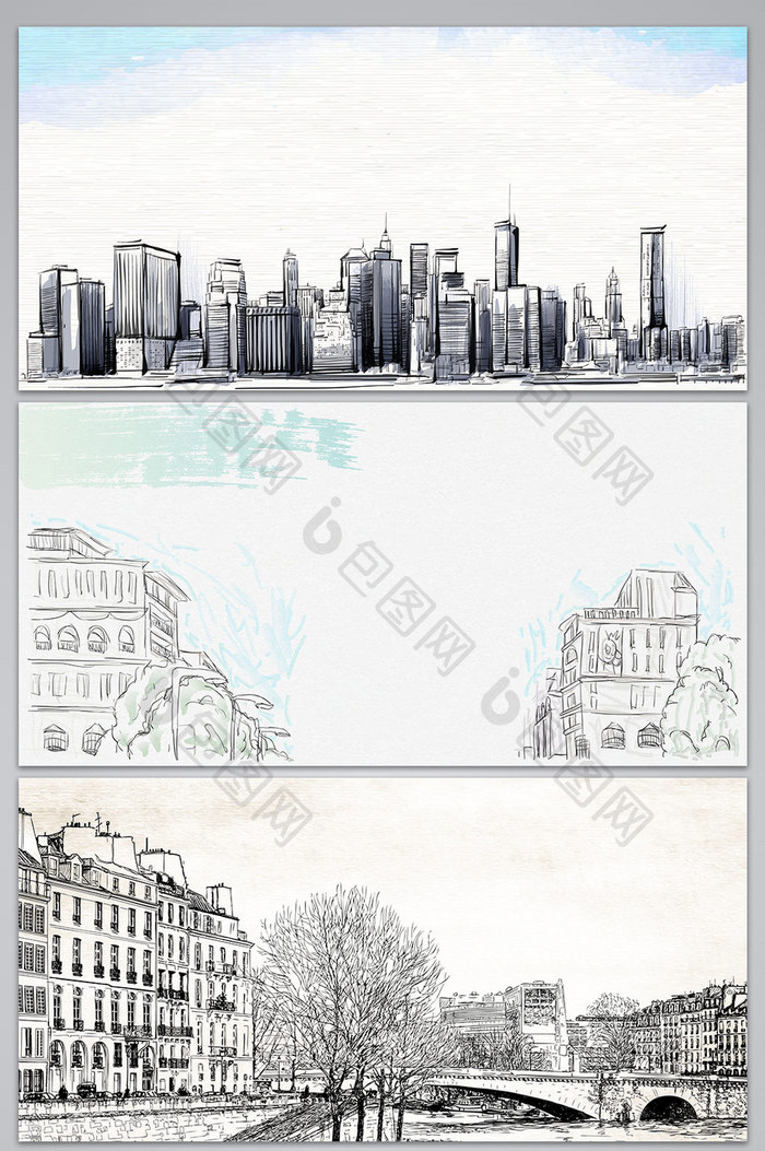 矢量手绘素描线描城市建筑背景