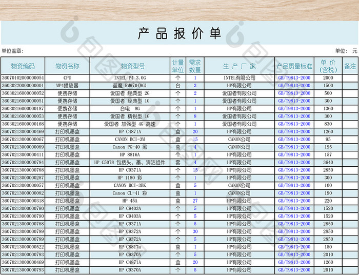 办公耗材报价表格