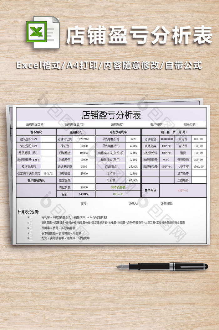 店铺盈亏分析表格图片图片