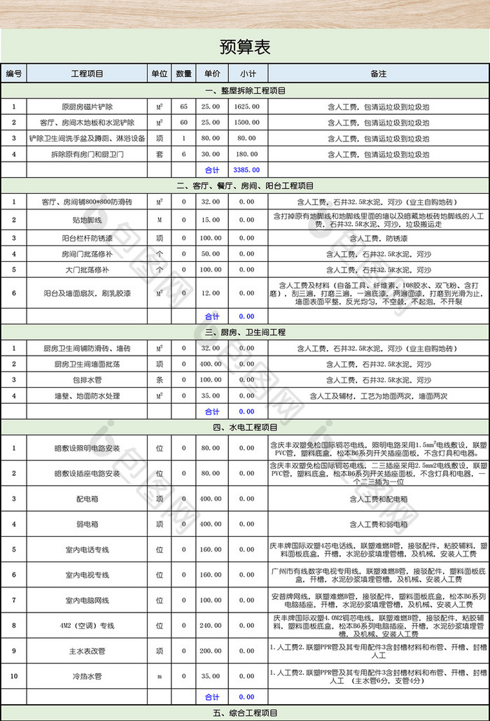 装修公司报价表格