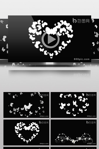 3款蝴蝶花朵心形婚庆花边带通道视频素材图片