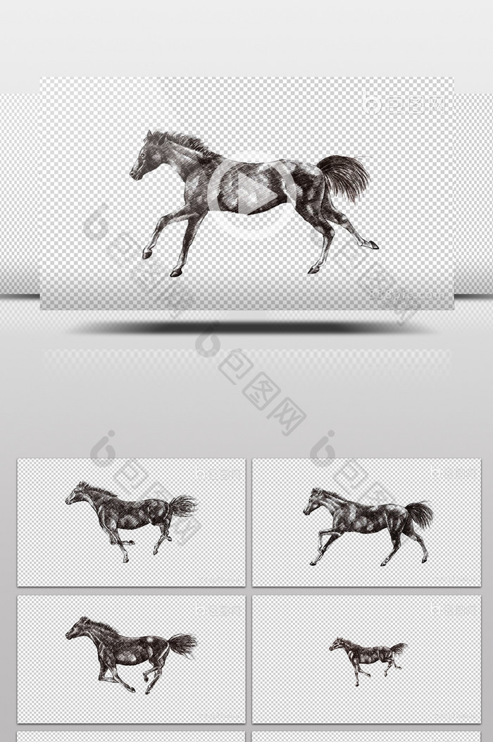 4款素描马奔跑无缝循环视频素材带透明通道