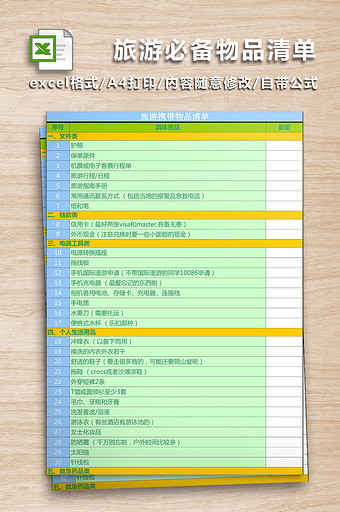 旅游必备物品清单一览excel表图片