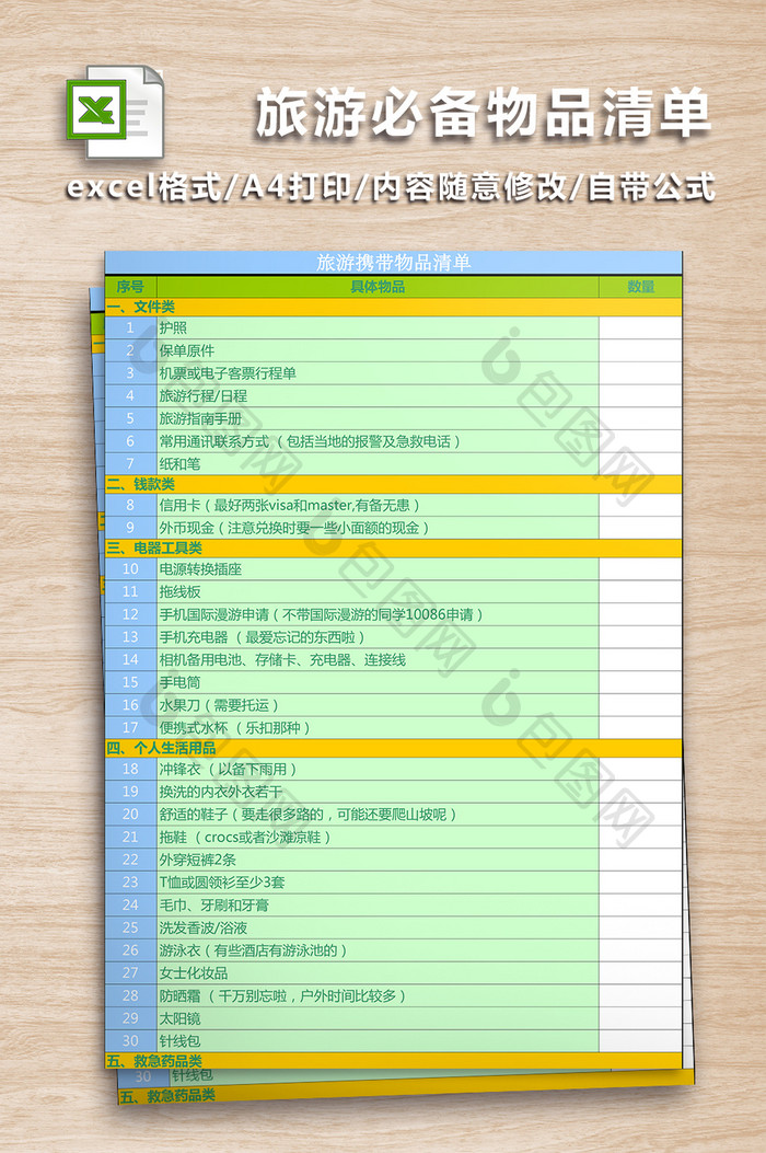 旅游必备物品清单一览excel表