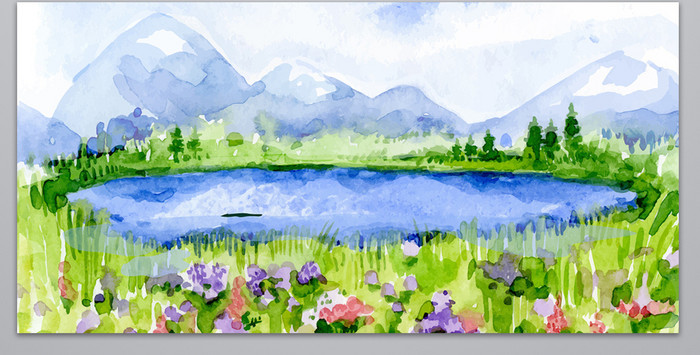 水彩手绘风景海滩湖边山坡矢量背景素材