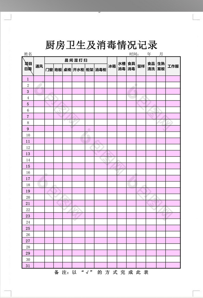 廚房衛生及消毒情況記錄表