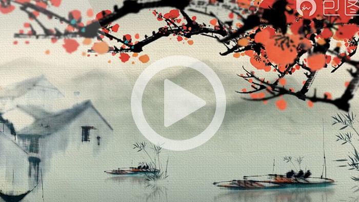 古典水墨江南红梅飘落渔家背景高清视频素材